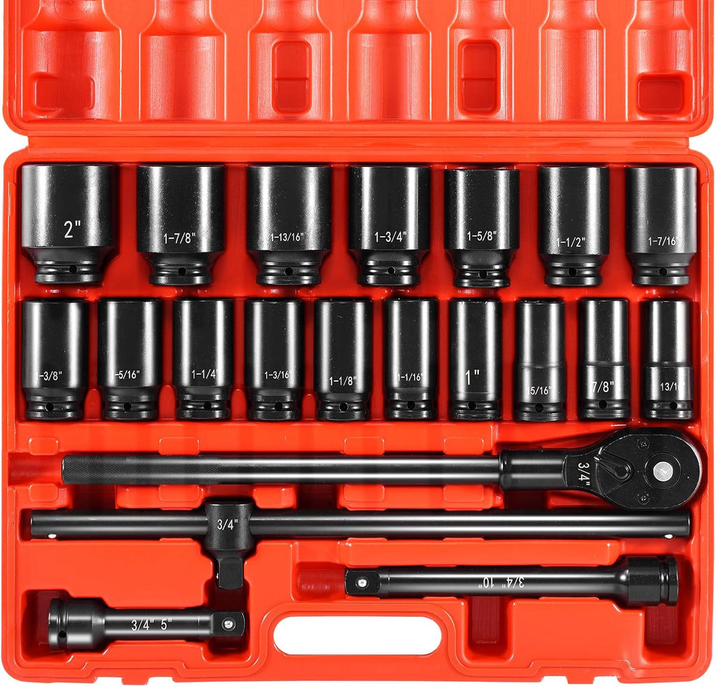 VEVOR Impact Socket Set 3/4 Inches 22 Piece Deep Impact Sockets, 6-Point Sockets, Rugged Construction, CR-V Drive Socket Set Impact SAE 13/16 inch - 2 inch, Includes Carrying Case and Ratchet Handle