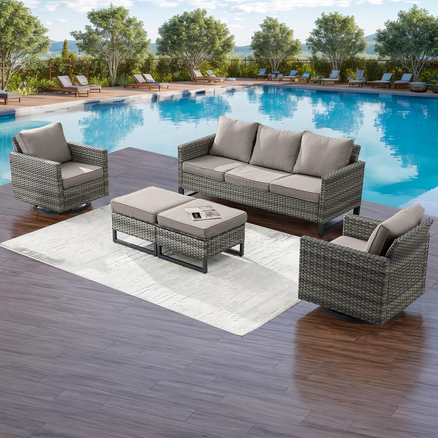 Rilyson Luxury Wicker Outdoor Patio Furniture Set of 5-5 Piece Patio Conversation Set with 2 Swivel Rocker Chairs,2 Rattan Ottoman and 1 Couch for Outside Porch Deck Backyard Garden(Mixed Grey/Beige)