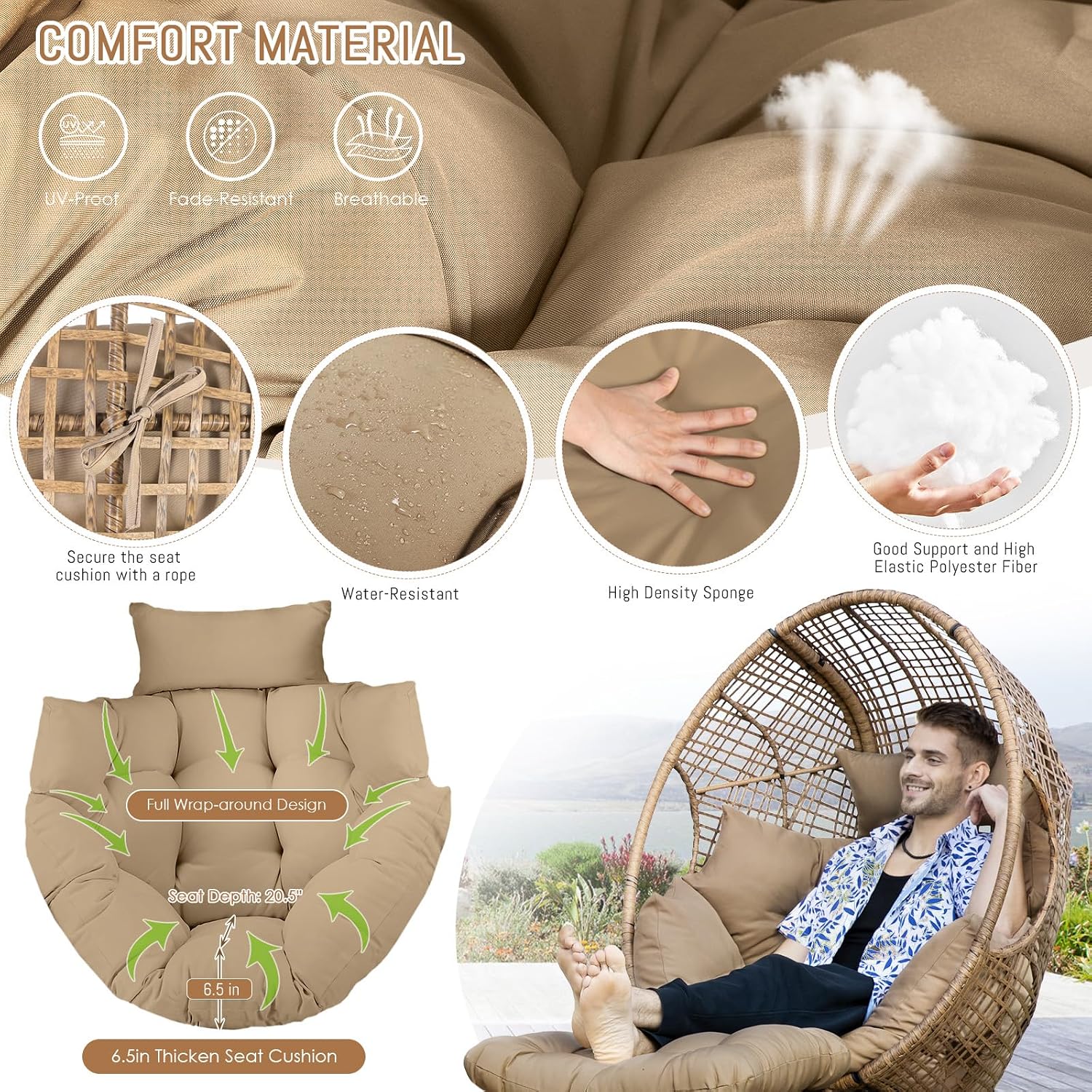 RADIATA Egg Chair with Footrest, Wicker Patio Lounger with Ottoman, Oversized Rattan Egg Shaped Chair with Leg for Indoor Outdoor Patio Balcony Garden (Brown)