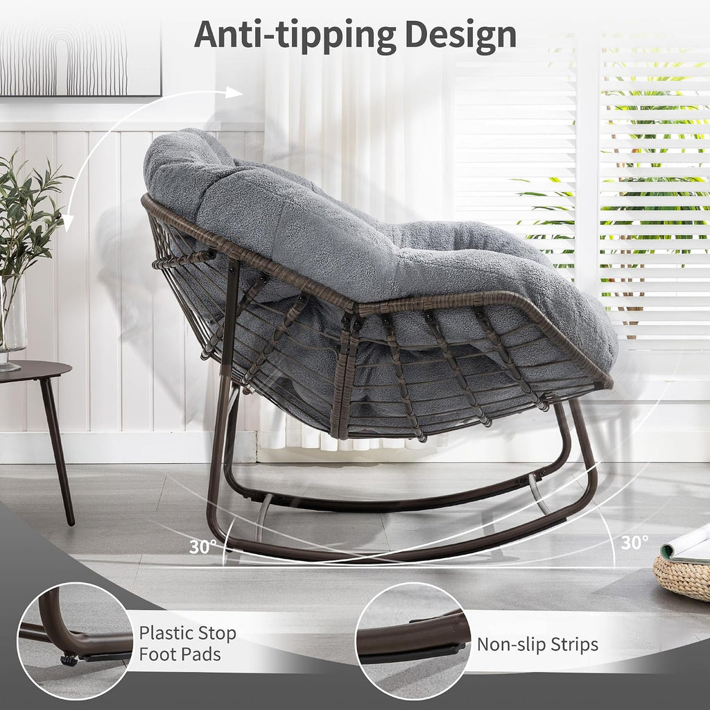 HOMEFUN Outdoor Patio Rocking Chairs, Oversized Papasan Rock Chair Indoor with Teddy Padded Cushion - Rocker Egg for Front Porch, Garden, Backyard Dark Gray
