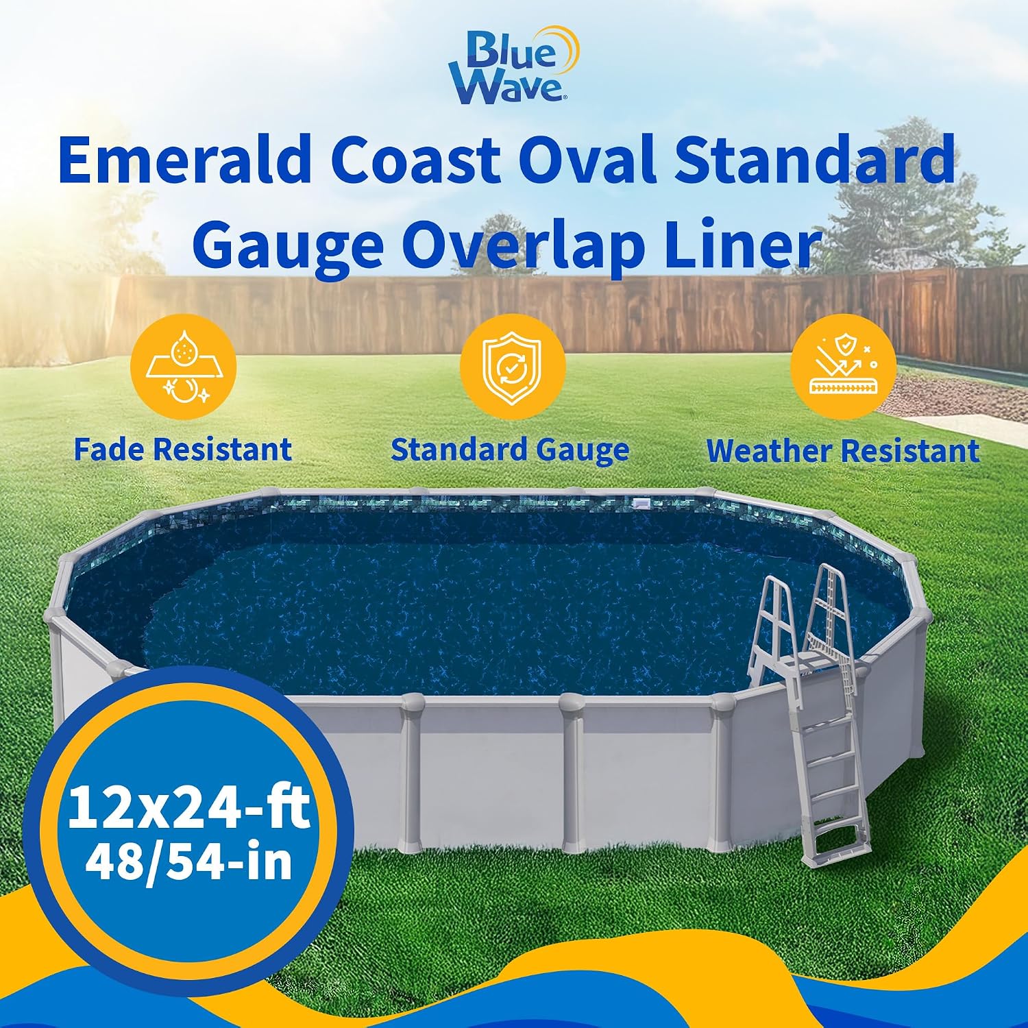 Blue Wave Emerald Coast 12-ft x 24-ft Overlap Oval Pool Liner for Above-Ground Steel Wall Pools – Weather Resistant Standard Gauge Vinyl w/Welded Seams – Dark Blue, 48/54-In Depth Walls