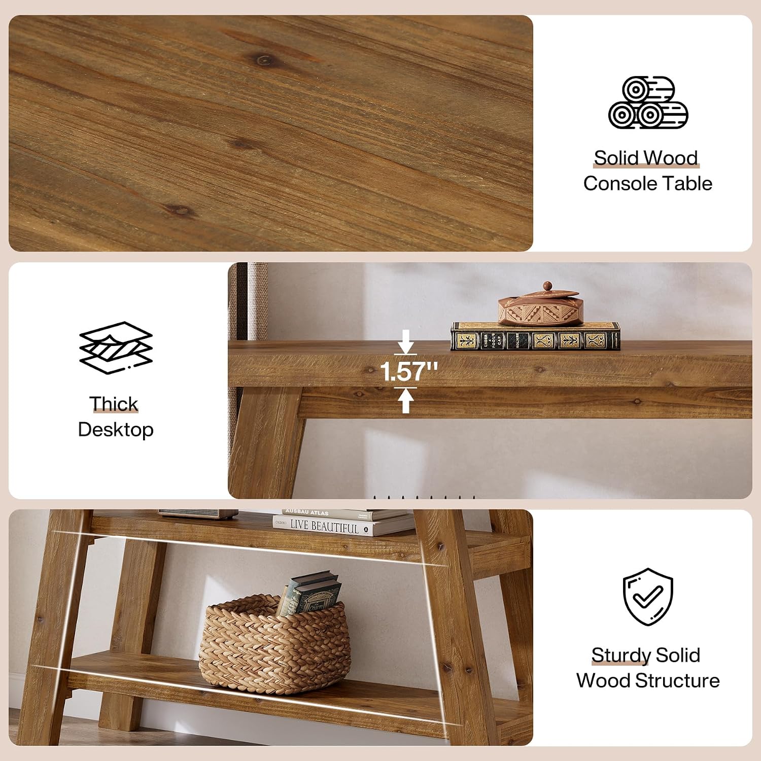 Solid Wood Console Table, 47.24' Farmhouse Narrow Entryway Table with 3-Tier Storage Shelves, Accent Sofa Table for Hallway, Foyer & Living Room (Retro Brown)