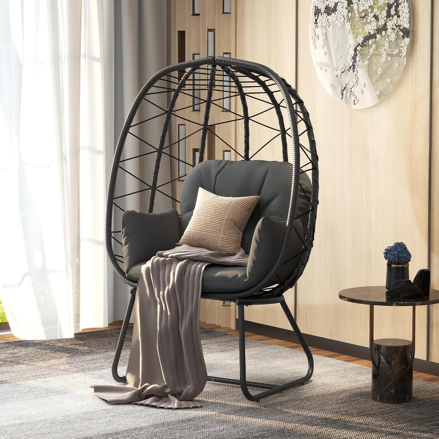 DWVO Egg Basket Chair Patio Chair with Stand Anti-Slip All-Weather Poratble Wicker Egg Lounger Chair for Indoor Outdoor 330LBS (Gray)