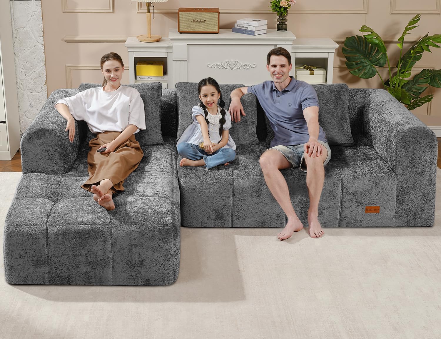 HABUTWAY 103' L-Shaped Modular Sectional Sofa, No Assembly Required Deep Seat Couch with 3 Pillows, Soft Fabric Upholstered, Modern Chaise Lounge for Living Room, Bedroom, Grey