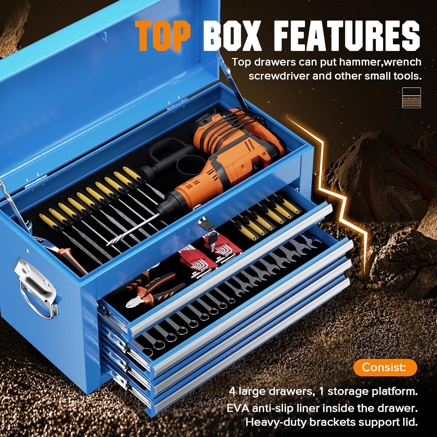 Crownland 5-Drawer Rolling Tool Chest with Wheels, Lockable 2 in 1 Detachable Tool Cabinet wit Drawers and Black Liners, Garage Top Toolbox & Bottom Storage Cart with Side Hooks(Blue)