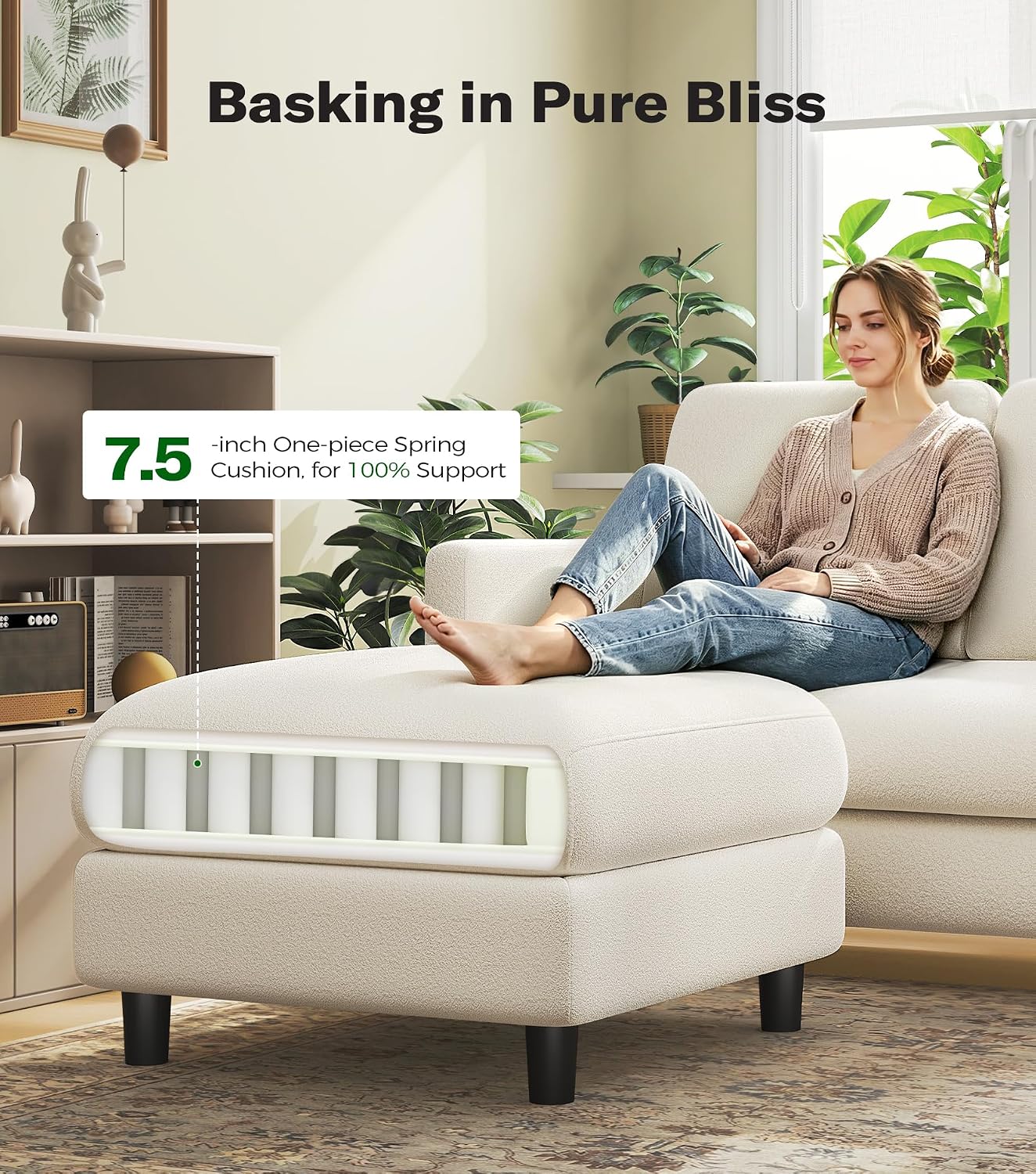 Welzona Loveseat, 51' Small L Shaped Couch, Comfy Teddy Love Seat with Ottoman Set, Tool-Free Setup Loveseat Sofa with Ottoman, All-Wood Small Sofa Couch for Bedroom, Couch for Living Room, Beige