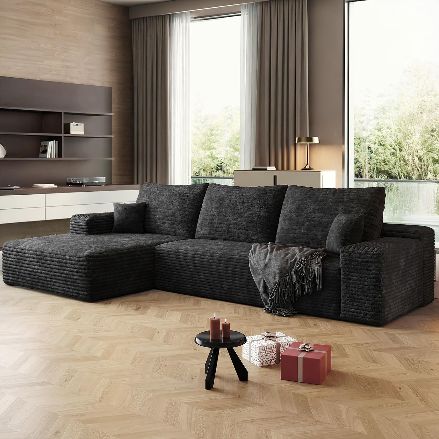 108' Sectional Couches for Living Room Cloud Couch Sofa with L-Shape Upholstered Boneless Couchs Modern Modular Sectional Couch with Chaise (Black, 108' Left Facing Chaise+2Seaters)