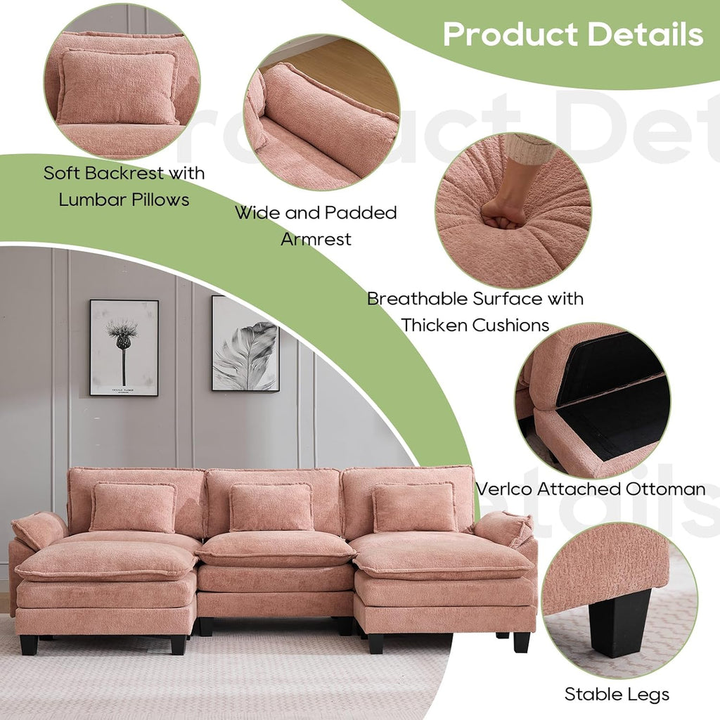 Oprisen 120' Modular Sectional Sofa, Comfy Cloud Couch Sectional Sofa with Ottoman, Chenille Sofa Sleeper Deep Seat Sofa with Throw Pillows for Living Room (Pink, 120'- U Shape)