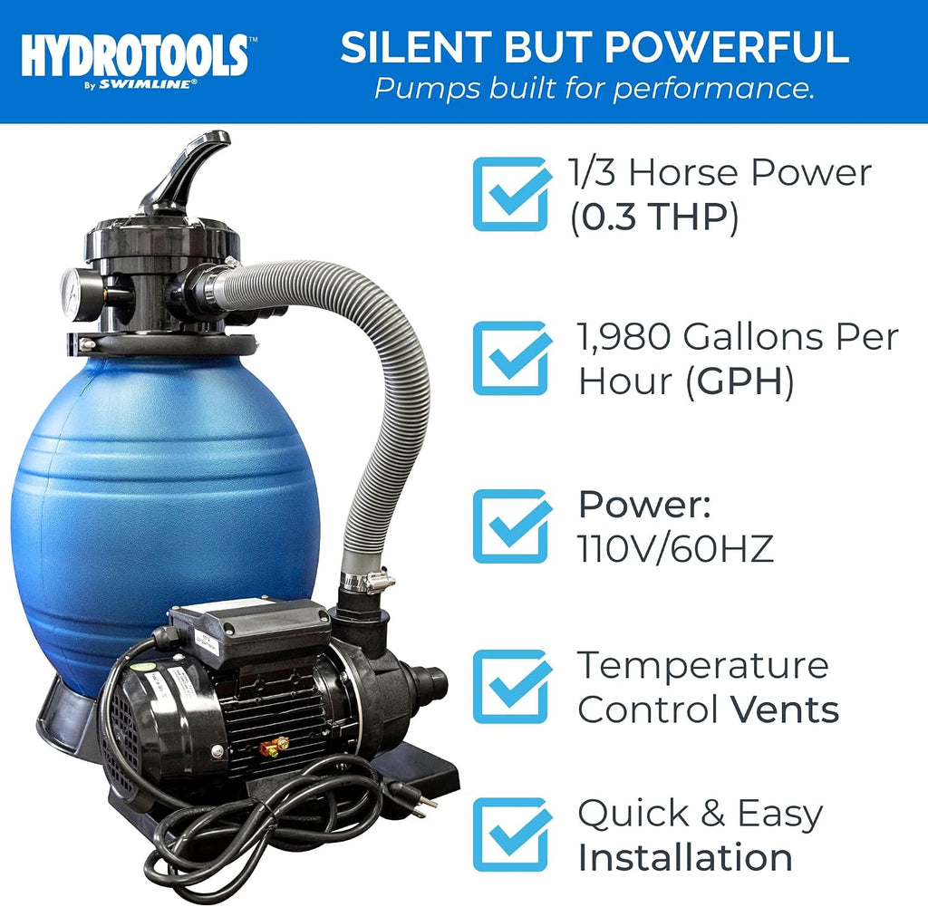 SWIMLINE HYDROTOOLS Complete Sand Filter System, 12' Tank - for Above-Ground Pools Up to 8,000 Gallons, Single Speed Pump, 0.3 THP, 1,980 GPH, 4-Way Multi-Port Valve, 42 lb Capacity