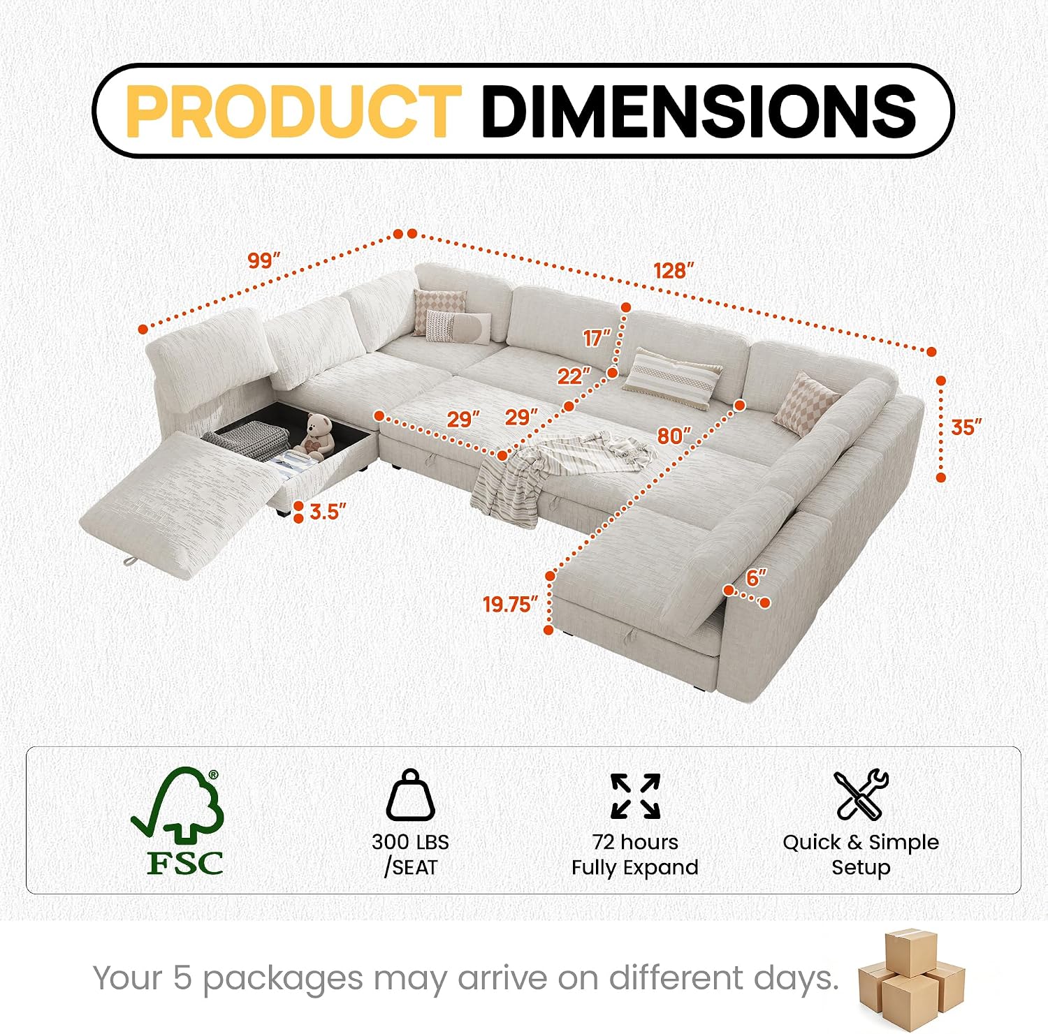 157' Modular Sectional Chenille Sofa bed with Hidden Storage, Comfy Modern 10 Seater Oversized Deep Seat Couch, Modular Sectional with Ottoman and Removable Cover for Living Room, Apartment, Beige
