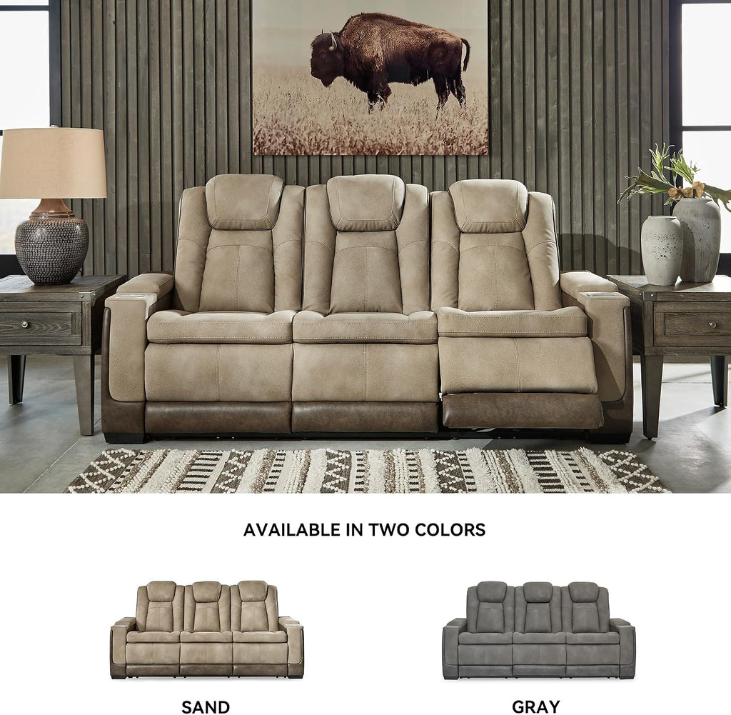 Signature Design by Ashley Next-Gen DuraPella Power Reclining Sofa – Wireless & USB Charging, Zero-Gravity, Adjustable Headrest, Water-Repellent Faux Leather, Drop-Down Table, Beige/Brown, 86'