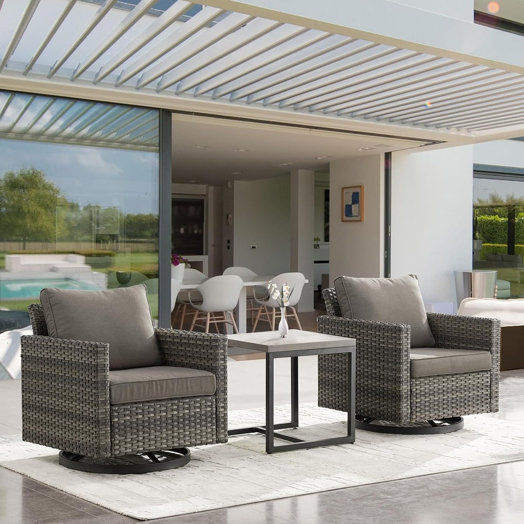 Luxury Outdoor Patio Swivel Rocker Chairs - 3 Piece Wicker Patio Furniture Bistro Swivel Rocking Chairs Set with Comfortable Cushions,Sturdy Metal Frame and Side Table for Porch Deck(Mixed Grey/Grey)