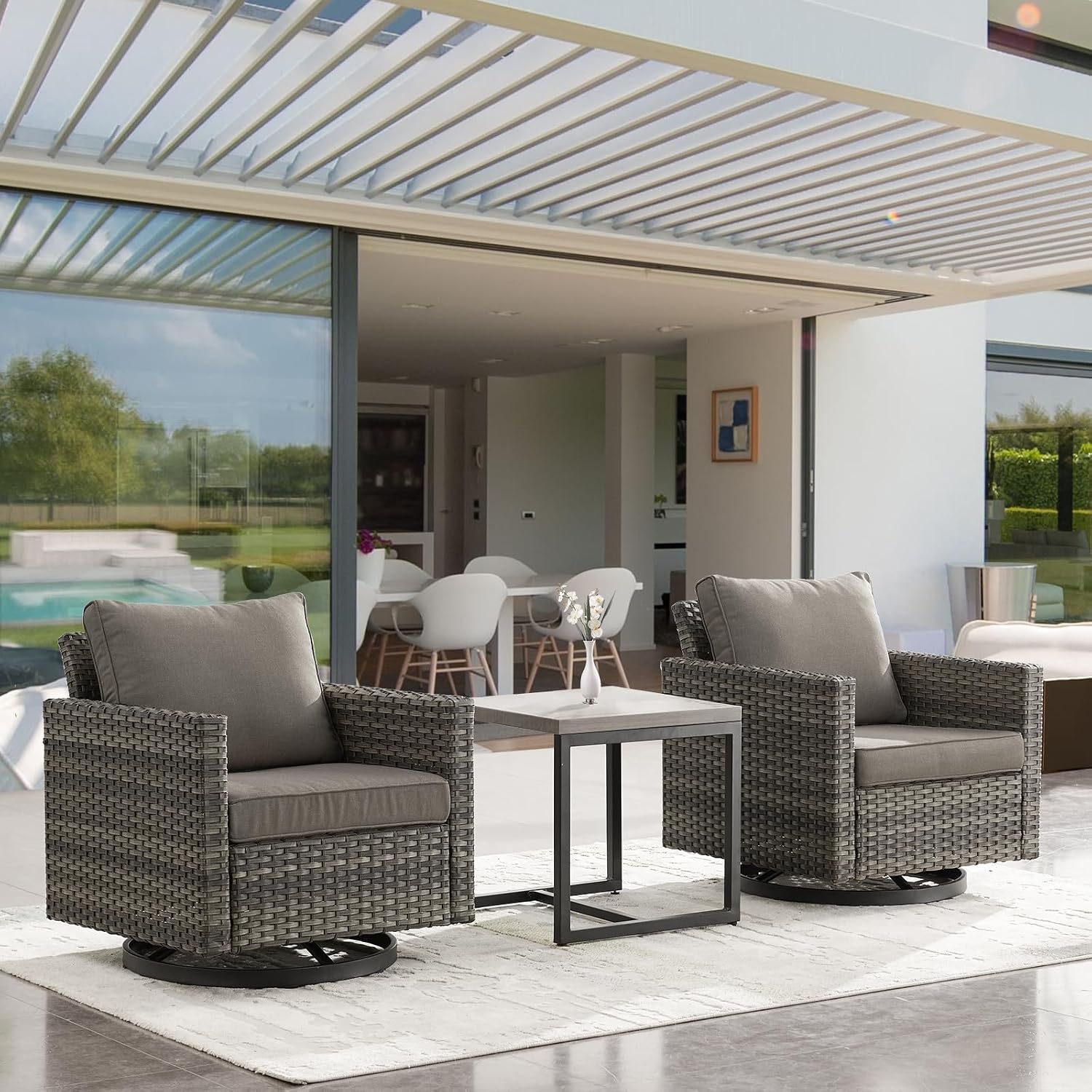 Luxury Outdoor Patio Swivel Rocker Chairs - 3 Piece Wicker Patio Furniture Bistro Swivel Rocking Chairs Set with Comfortable Cushions,Sturdy Metal Frame and Side Table for Porch Deck(Mixed Grey/Grey)