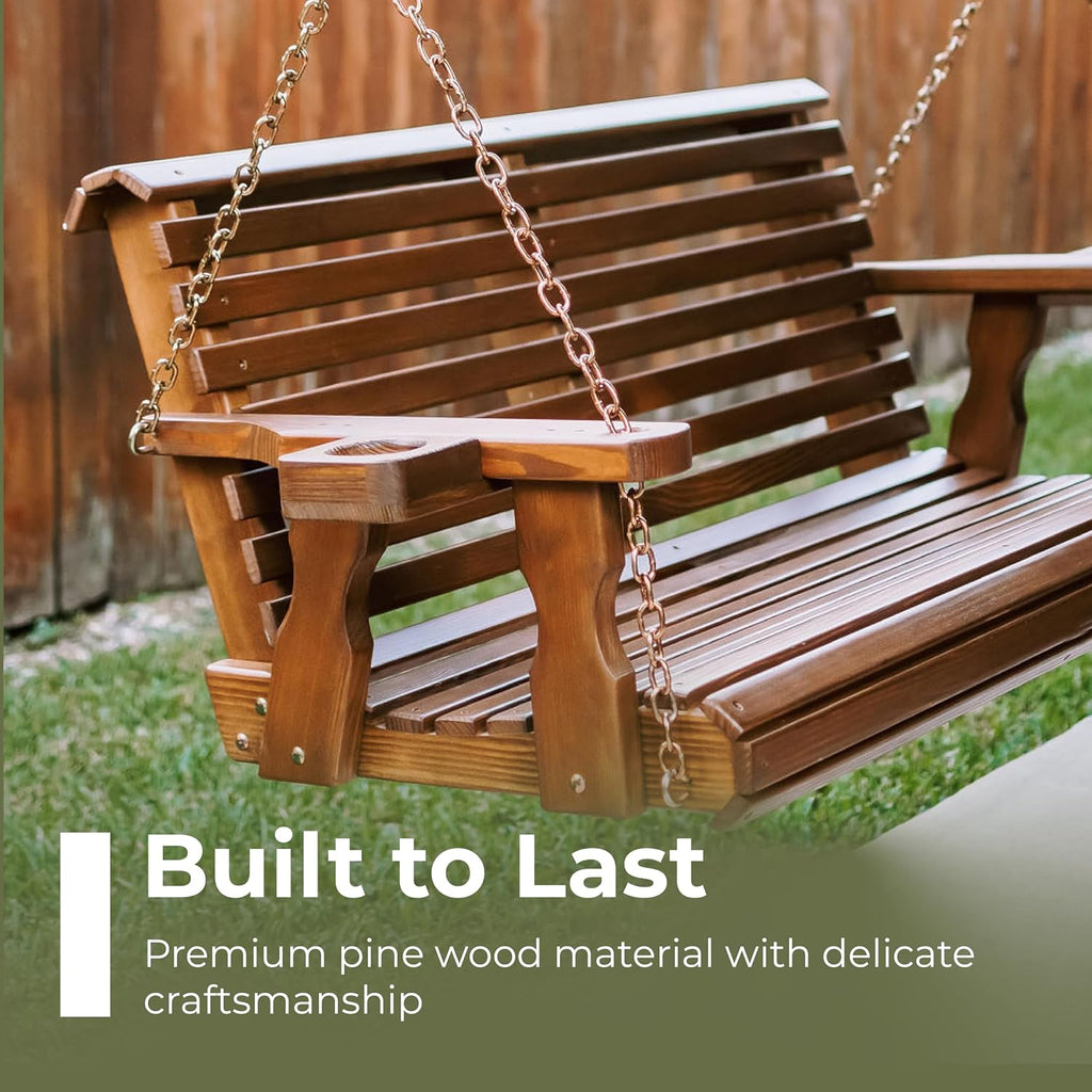 Amish Casual Heavy Duty 700 Lb Capacity Porch Swing with Cup Holders (4 Foot, Cedar Stain) – Wooden Outdoor Roll Back Swing with Hanging Chains – Amish Made in the USA