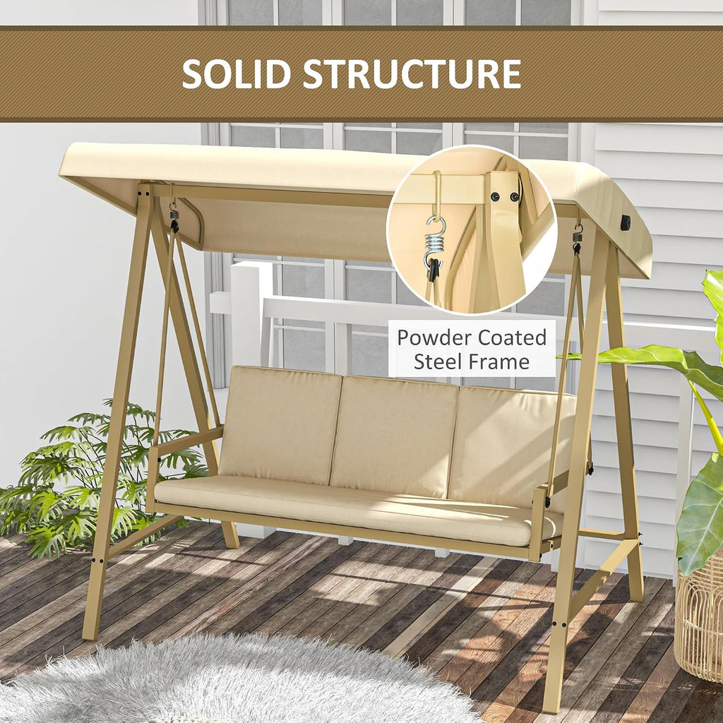 Outsunny 3-Seater Outdoor Porch Swing with Stand, Heavy Duty Patio Swing Chair with Adjustable Canopy, Removable Cushions, Breathable Mesh Seat for Garden, Backyard, and Poolside, Beige