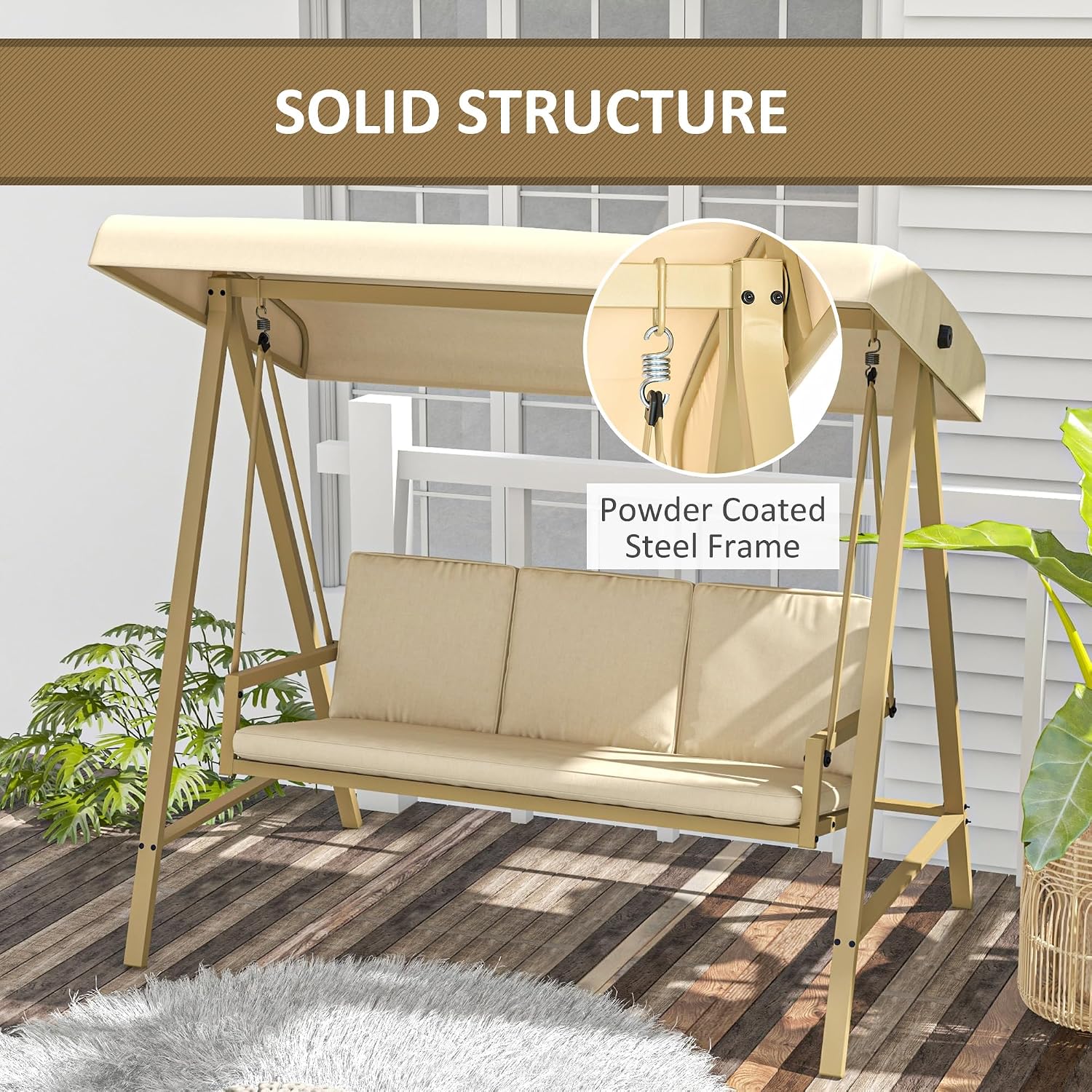 Outsunny 3-Seater Outdoor Porch Swing with Stand, Heavy Duty Patio Swing Chair with Adjustable Canopy, Removable Cushions, Breathable Mesh Seat for Garden, Backyard, and Poolside, Beige