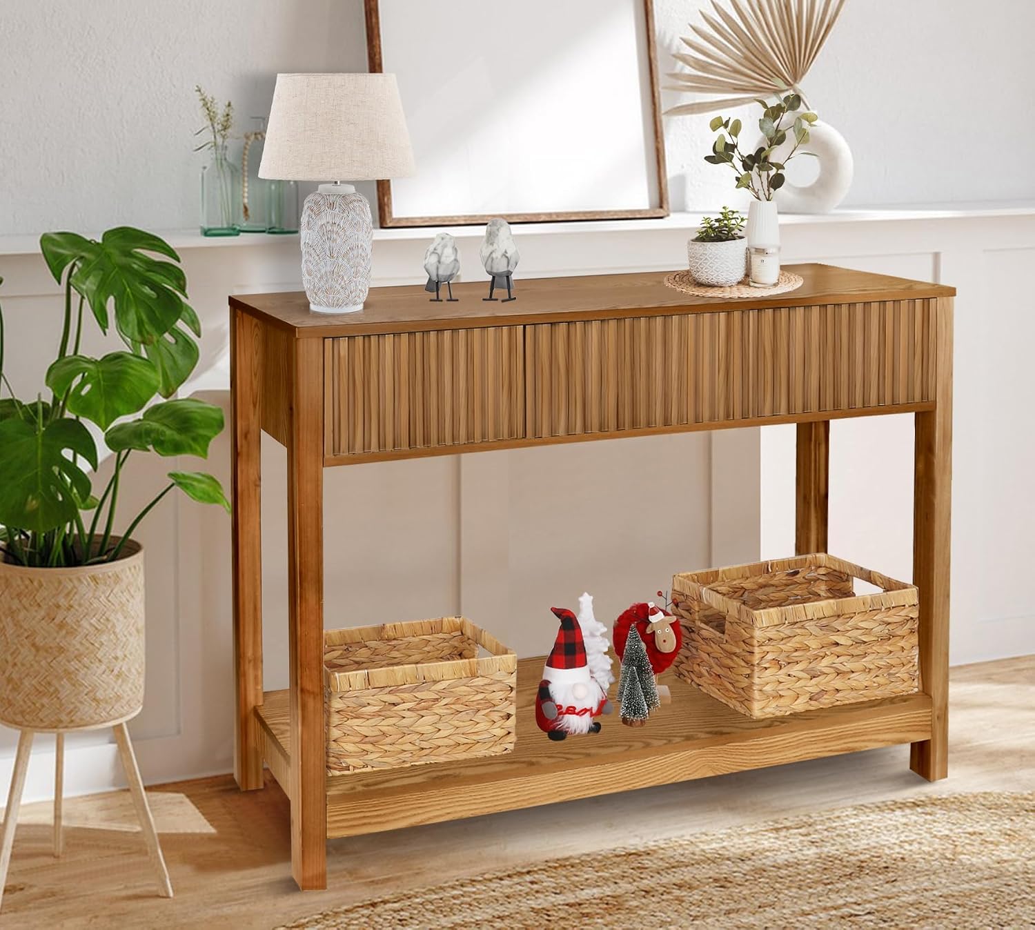 Fluted Console Table with Storage, 48' Long Entryway Slim Sofa Table Behind Couch Entry Tables, Narrow Wood Hallway Modern Living Room Couch Foyer Entrance Tables Brown