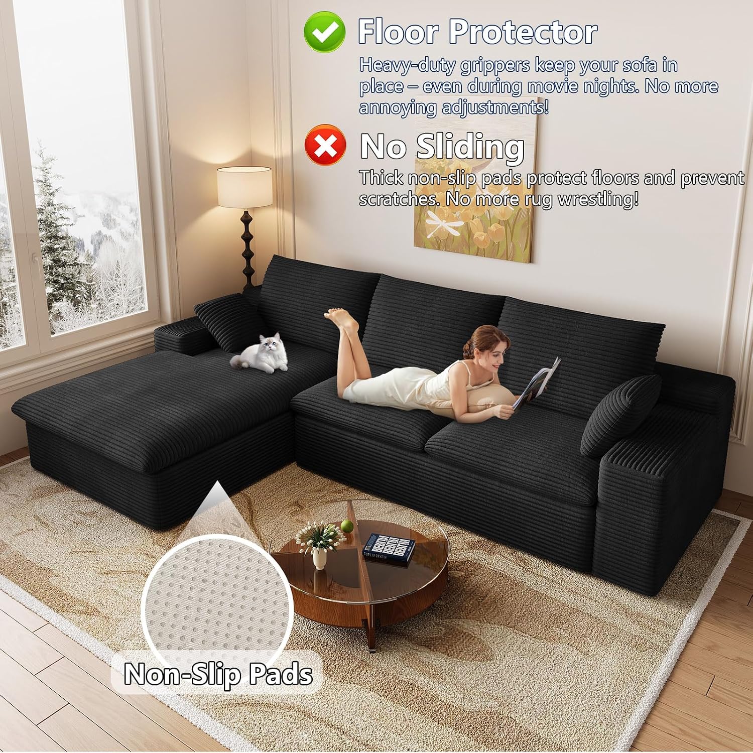 107' Cloud Couch Modular Sectional Sofa for Living Room, L-Shape Boneless Couch with Deep Seat, Modern Corduroy 3-Seater, No Assembly Required (Black,Left-Facing Chaise)