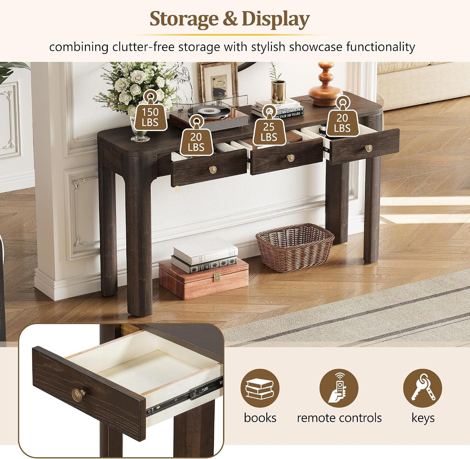 LKTART Solid Wood Entryway Table with 3 Drawers,Farmhouse Console Table Sofa Table with Curved Corners for Hallway,Foyer,Living Room (52' Espresso)
