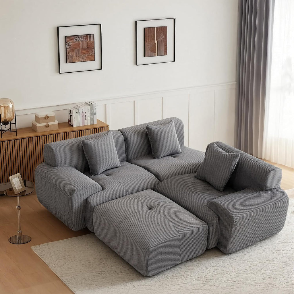 107' Cloud Modular Sectional Couch,Boneless Sofa with Ottman,L-Shape Upholstered Sofas with Deep Seat,Modern Cozy Corduroy Couches with Memory Foam,No Assembly Required (Dark Grey)