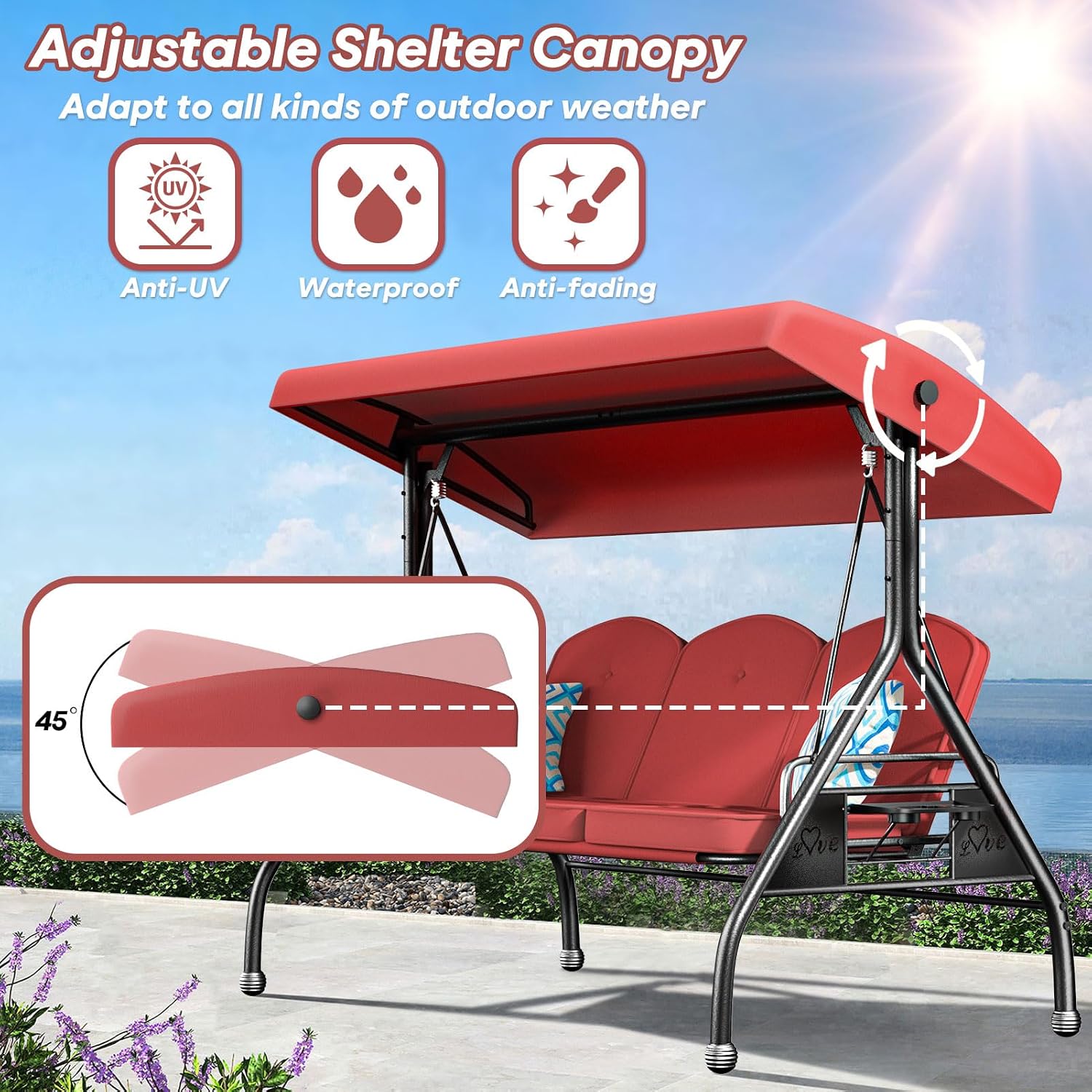 ZZW 3 Seat Outdoor Porch Patio Swing with Stand 800lbs 2-in-1 Convertible Swing Bed with Adjustable Canopy & Removable Cushion for Yard Garden Deck (Red, Round Tube)