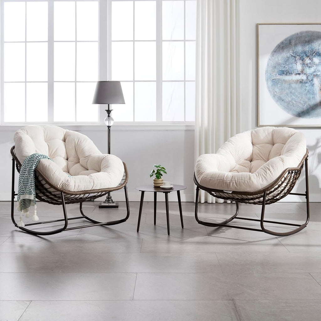 Wicker Outdoor Rocking Chair Rattan Egg Chair with Thick Cushion 30° Smooth Rocking Patio Lounge Reclining for Indoor Outdoor Use Living Room Front Porch Balcony Lawn Garden, White