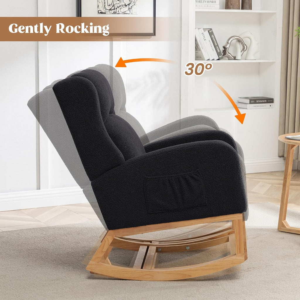 HCHAIRH Rocking Chair Nursery, Nursing Rocking Chairs for Mom Nursery, Comfy Wingback Glider Rocking Armchair with Foot Rest and Side Pocket for Nursery Living Room Bedroom, Teddy Black