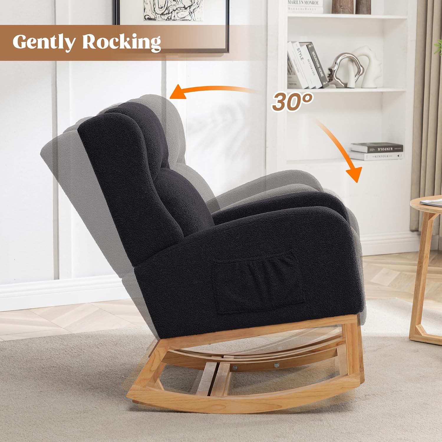 HCHAIRH Rocking Chair Nursery, Nursing Rocking Chairs for Mom Nursery, Comfy Wingback Glider Rocking Armchair with Foot Rest and Side Pocket for Nursery Living Room Bedroom, Teddy Black