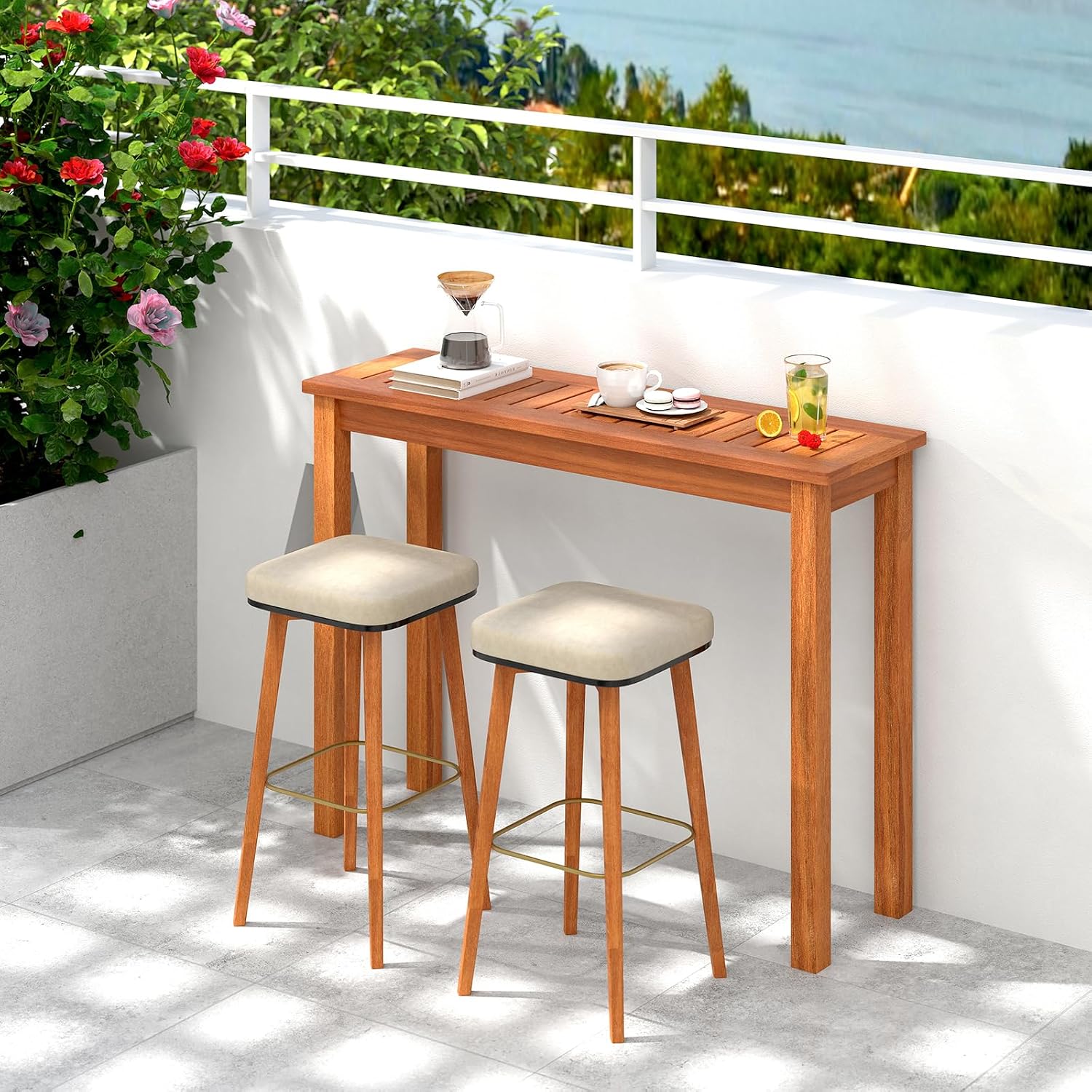 Tangkula Narrow Outdoor Dining Table, Solid Wood Furniture Patio Console Table with Slatted Tabletop, Wooden Buffet Bar Plant Stand for Garden Deck Entryway Porch Balcony