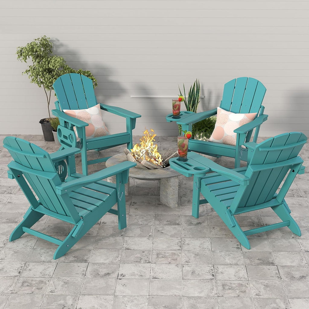 FOOWIN Folding Adirondack Chair, HDPE Adirondack Chairs with Cup Holder, Weather Resistant Plastic Fire Pit Chairs for Outdoor, Patio, Lawn, Garden, Backyard, Deck, Lake Blue