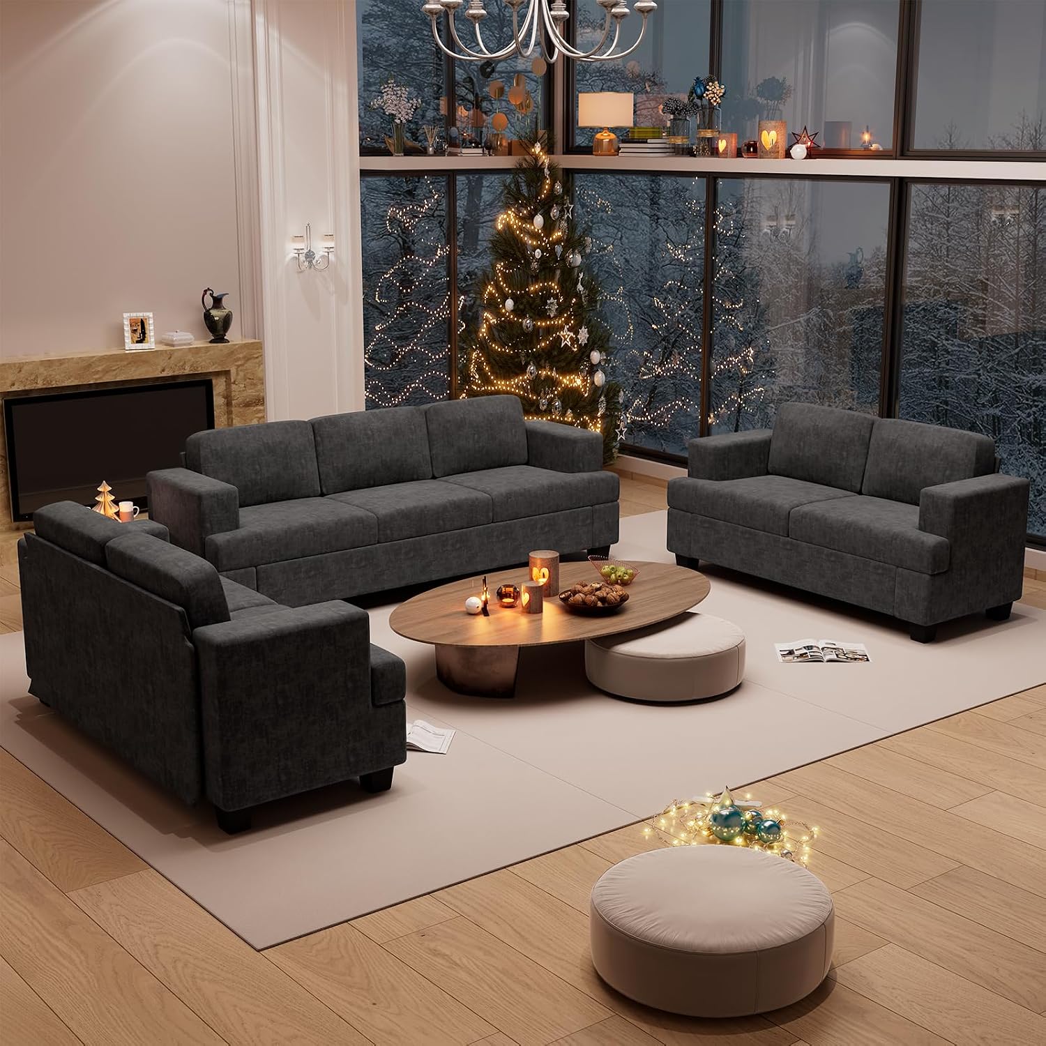 YOUDENOVA Sofa Couch, 3 Piece Set Comfy Sofa, 2 Loveseat & 3 Seater Sofa with Deep Seats for Living Room, Modern Sleeper Couch, Dark Grey Chenille