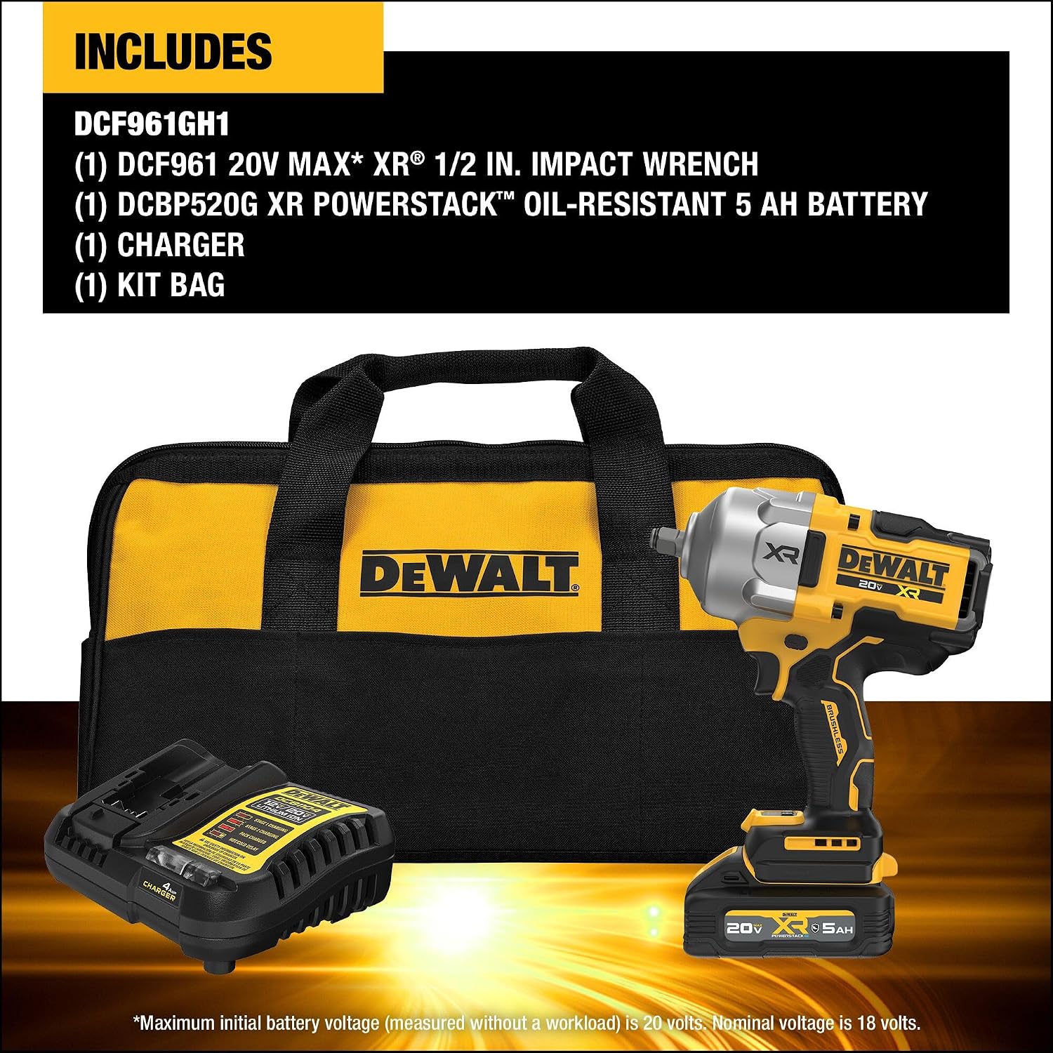 DEWALT 20V MAX XR Cordless Impact Wrench Kit, 1/2' Hog Ring, High Torque, Brushless, Includes POWERSTACK Battery and Charger (DCF961GH1)