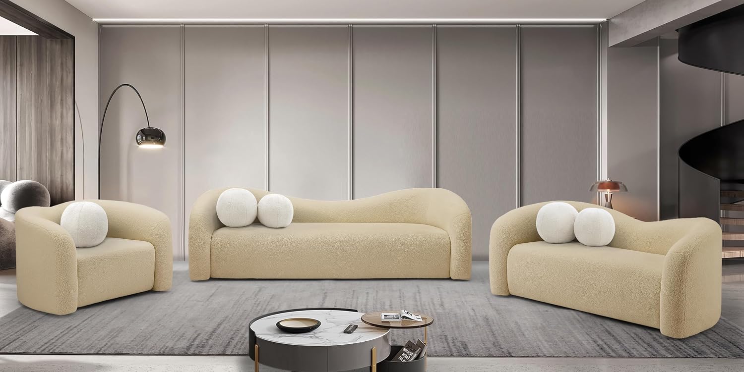 Meridian Furniture 186Beige-S Kali Collection Modern | Contemporary Sofa with Soft Beige Faux Shearling Teddy Fabric, Curved Back, 86' W x 33' D x 27' H, Beige