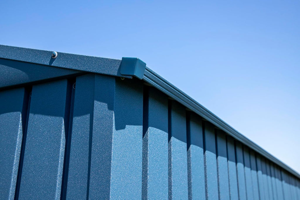 Arrow Shed Elite 14' x 14' Tall Outdoor Steel Storage Shed with High Gable and Lockable Doors Storage Building, Blue Grey