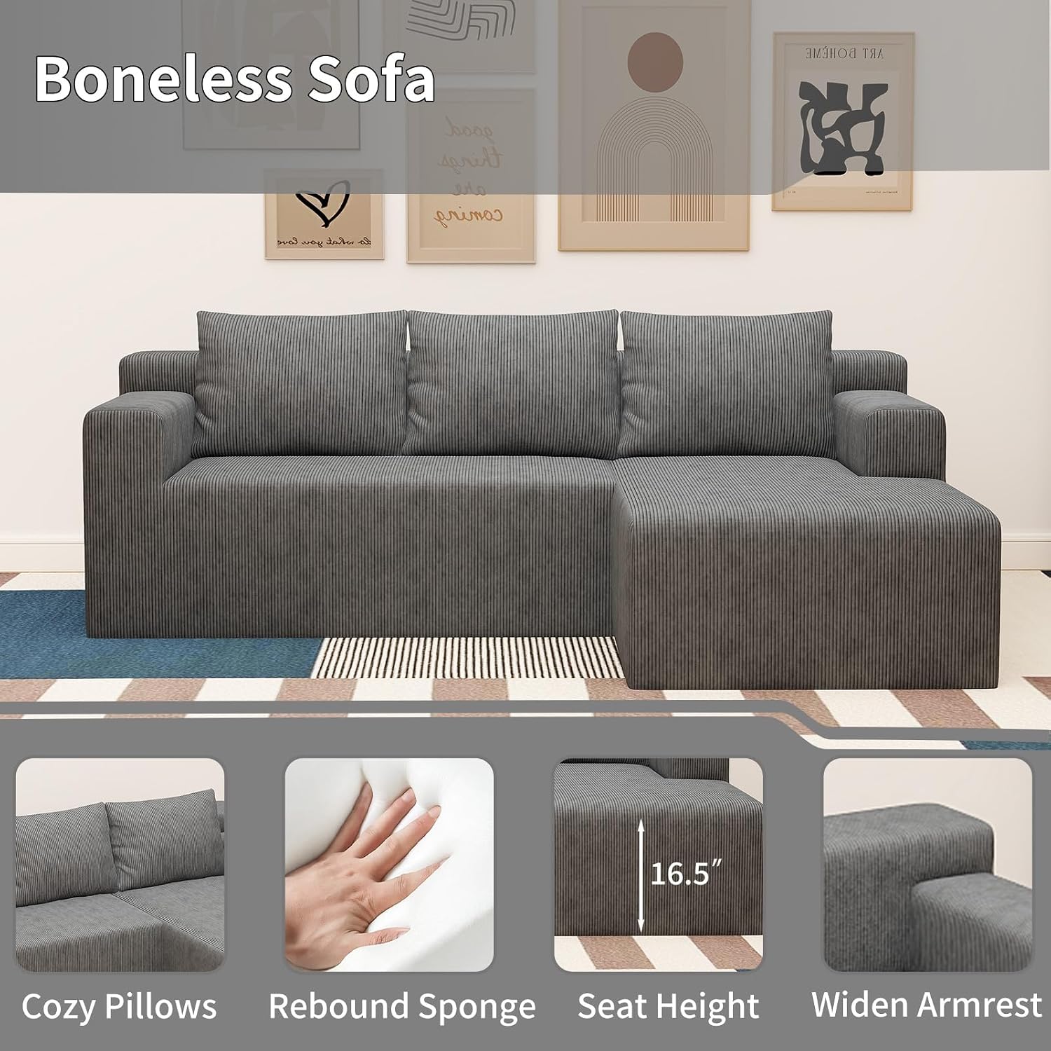 87' Modular Sectional Sofa, Cloud Sectional Couch with Deep Seat, Modern Modular L-Shape Sofa with Chaise, Cozy Boneless Couches for Living Room, Small Spaces, No Assembly Required