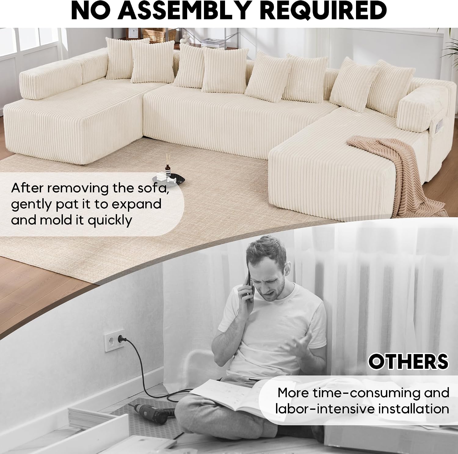 Oversized Cloud Boneless Couch with Chaise, 146' Modern U Shape Modular Deep Seat Sectional Sofa, Comfy Corduroy Upholstered Couches for Living Room, No Assembly Required-Beige