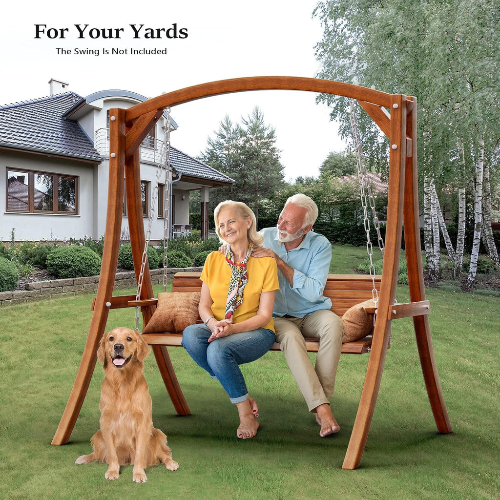 VINGLI 6.7FT Porch Swing Frame, 1000LBS Heavy Duty A-Frame Wooden Porch Swing Stand with Curved Arc Top for 5FT Porch Swing, Large Swing Hanger for Garden, Patio, Backyard & Indoor, Brown