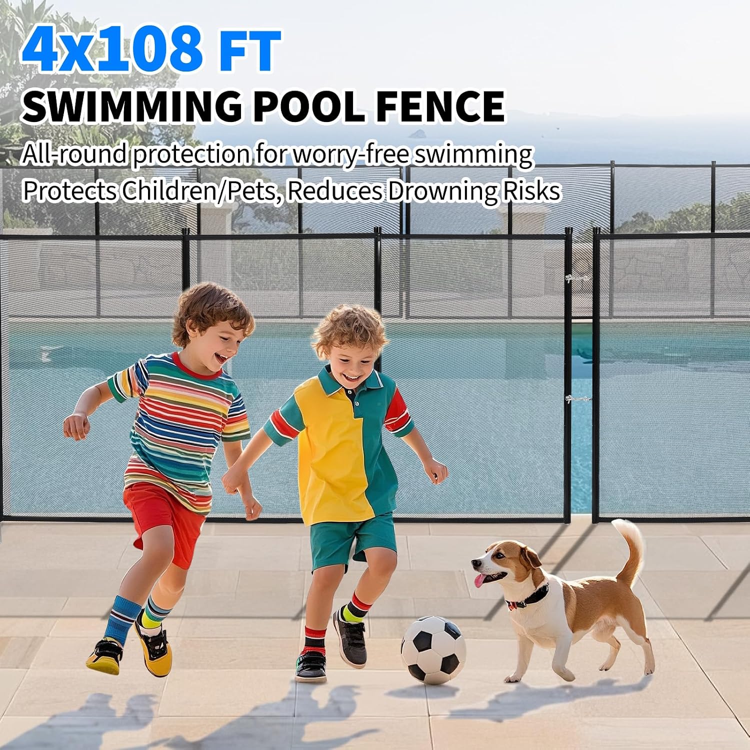 GarveeLife Pool Fence 4 ft x 108 ft, 320GSM Teslin Mesh with Stainless Steel Frame for Inground/Above Ground Pools, Swimming Pool Fence for Backyard Garden Pool Safety