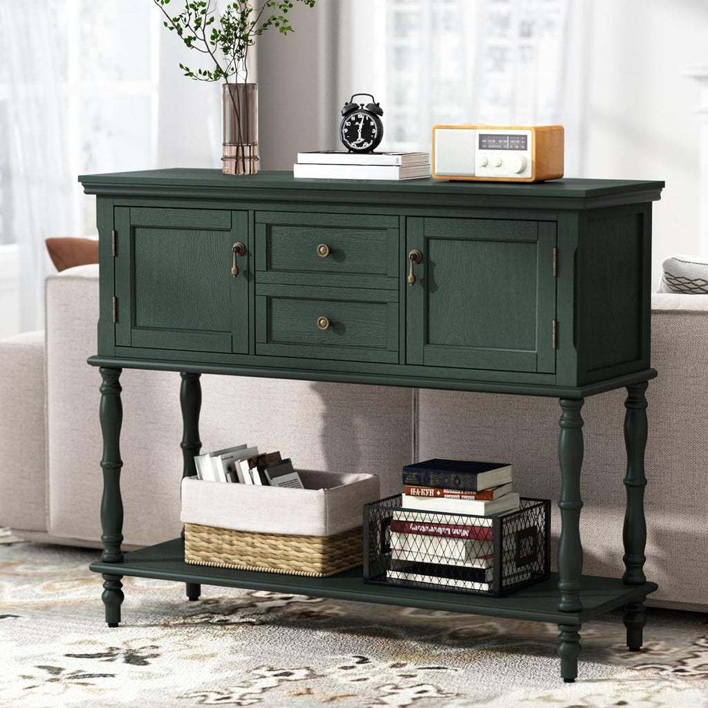 ARTPOWER Console Table with 2 Drawers, Retro Entryway Table with 2 Door Cabinets and Open Storage Shelf, Narrow Long Behind Couch Sofa Table for Living Room, Foyer, Hallway, Green