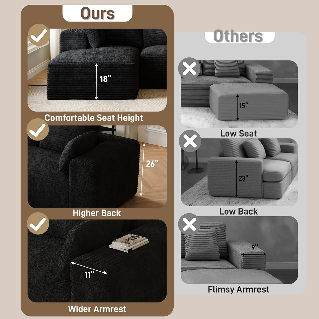 107' L-Shaped Boneless Sectional Couches for Living Room, Comfy Corduroy Fluffy Cloud Couch, Deep Seat Memory Foam Plush Modular Sectional Sofa with Left-Facing Chaise, No Assembly, Black