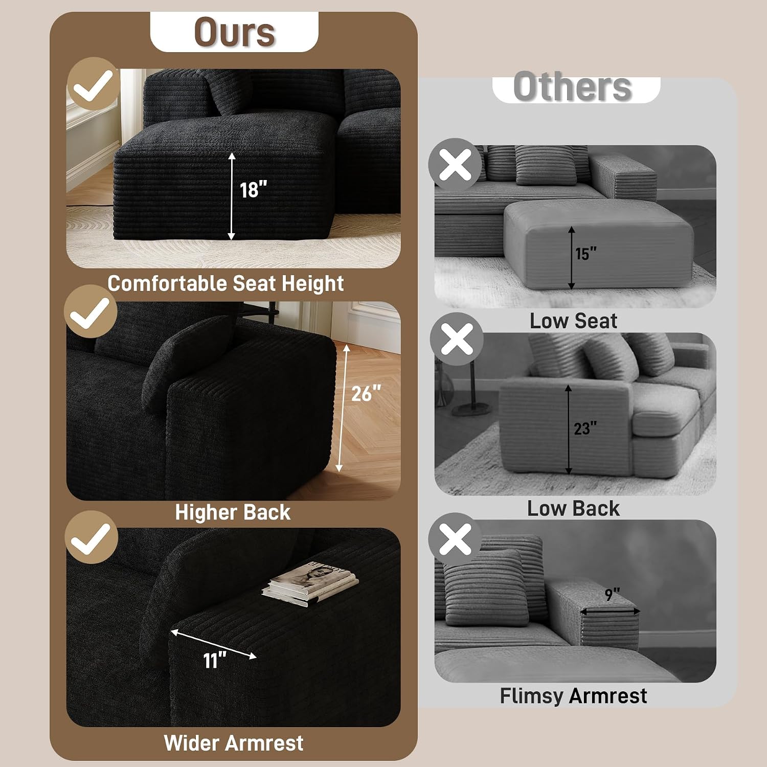 107' L-Shaped Boneless Sectional Couches for Living Room, Comfy Corduroy Fluffy Cloud Couch, Deep Seat Memory Foam Plush Modular Sectional Sofa with Left-Facing Chaise, No Assembly, Black