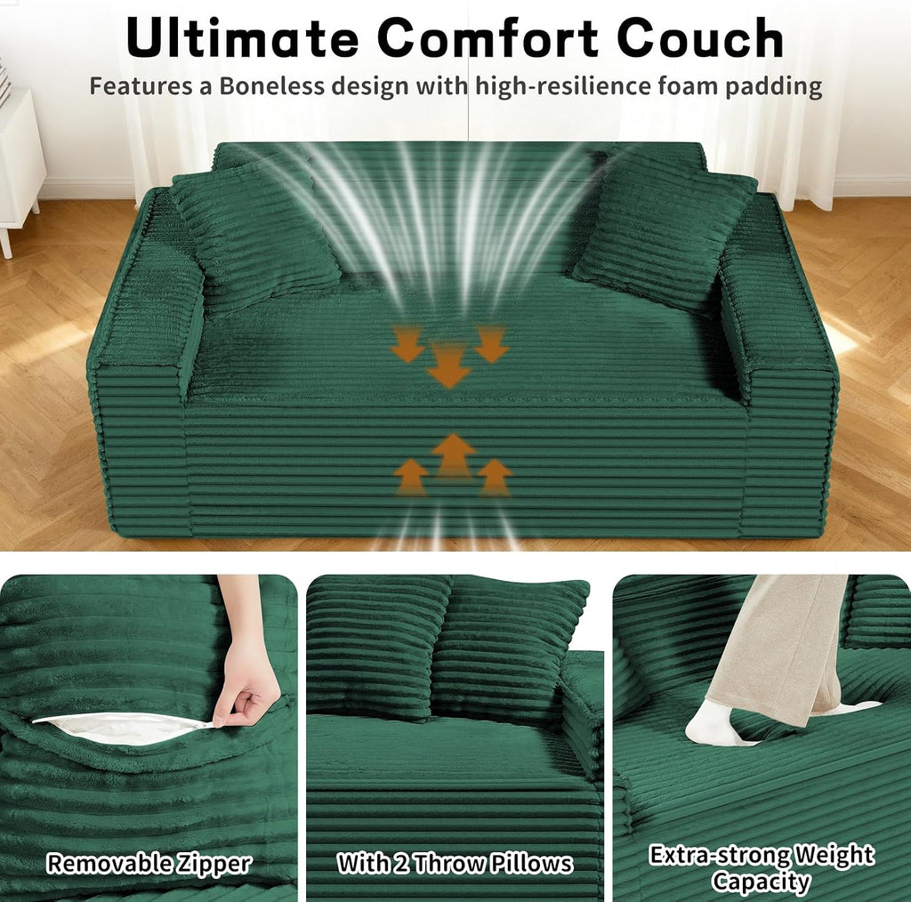3 Seater Sofa Couch for Living Room (Green, 38' D + 2 Pillows)