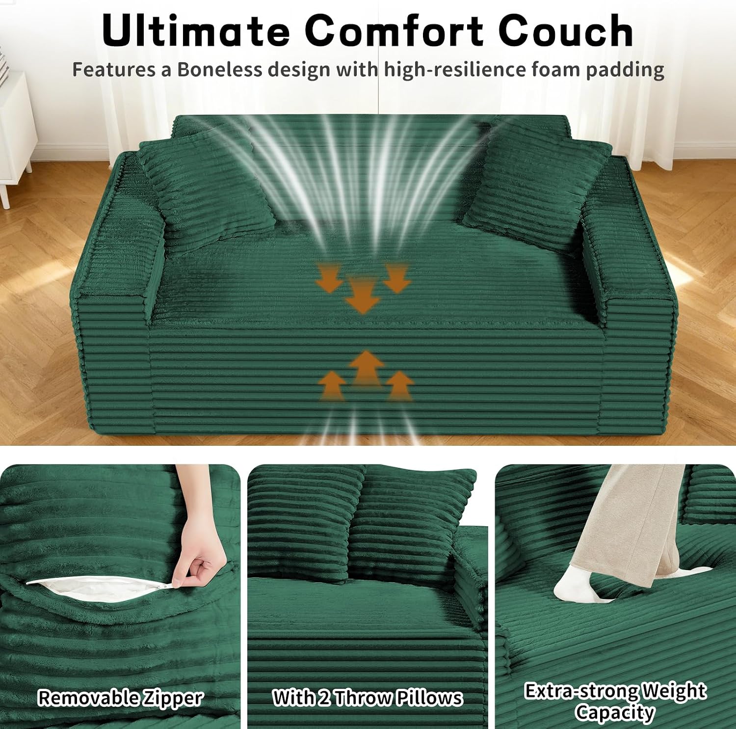 3 Seater Sofa Couch for Living Room (Green, 38' D + 2 Pillows)