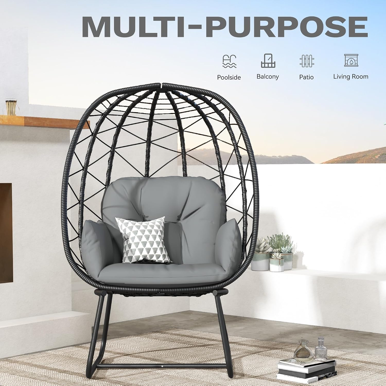 DWVO Egg Basket Chair Patio Chair with Stand Anti-Slip All-Weather Poratble Wicker Egg Lounger Chair for Indoor Outdoor 330LBS (Gray)