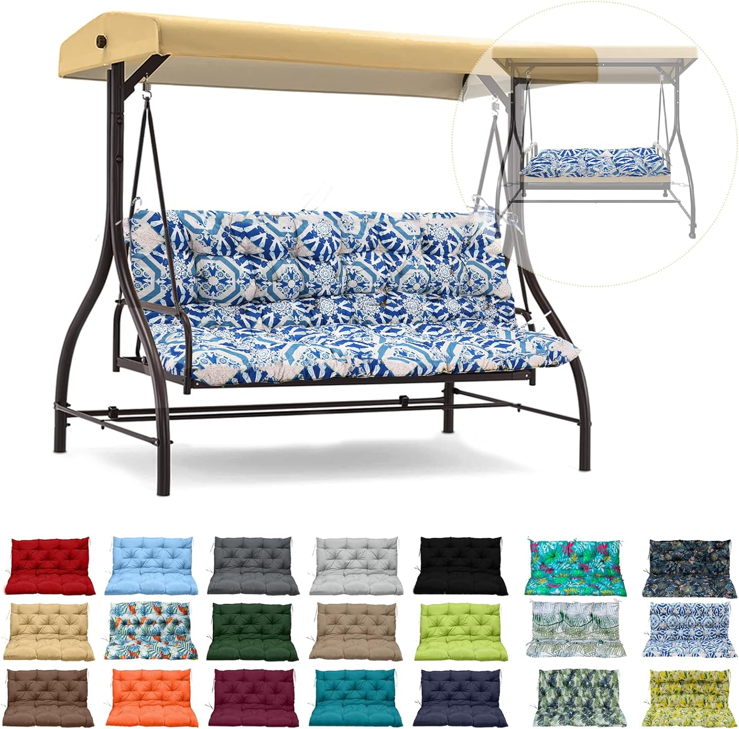 Waterproof Porch Swing Cushion Replacement, 2–3 Seat Swing Seat Cushion with Backrest & Ties, Thick Outdoor Bench Cushion for Patio Garden Porch (Boho Blue, 40 x 60 in)