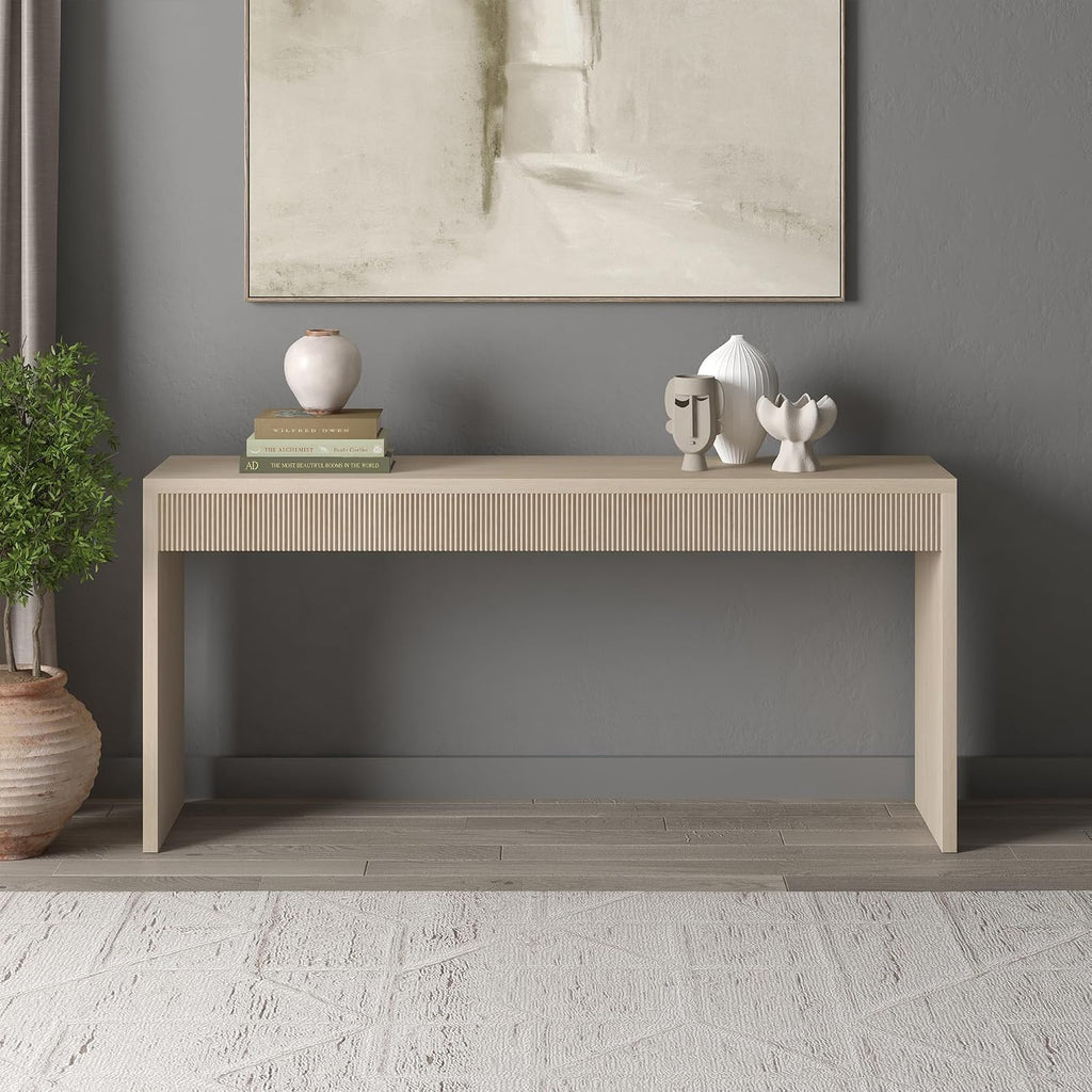 Henn&Hart 64' Rectangular Fluted Console Table, Ribbed Entryway Table, Sofa Table for Entryway, Living Room, Couch, Hallway, or Office, Beech White
