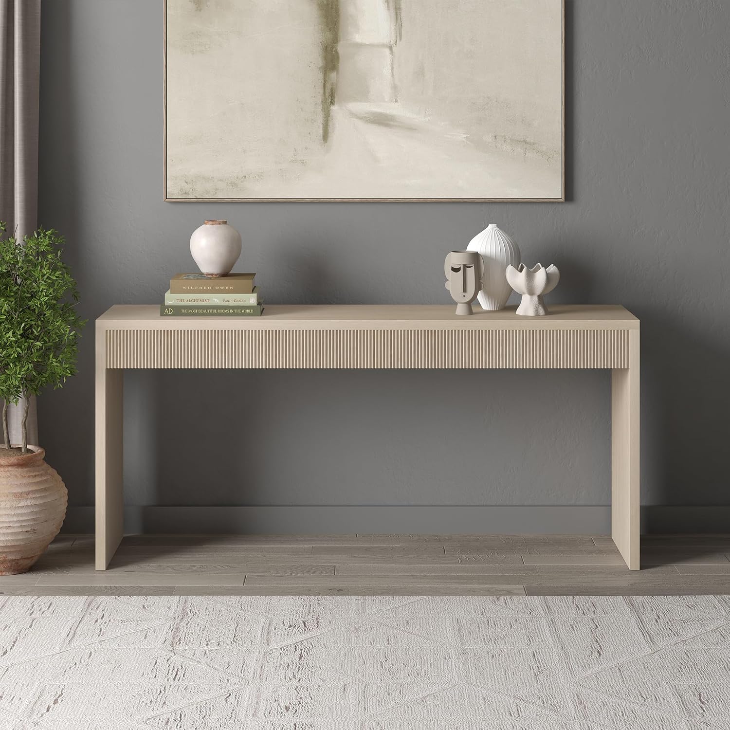 Henn&Hart 64' Rectangular Fluted Console Table, Ribbed Entryway Table, Sofa Table for Entryway, Living Room, Couch, Hallway, or Office, Beech White