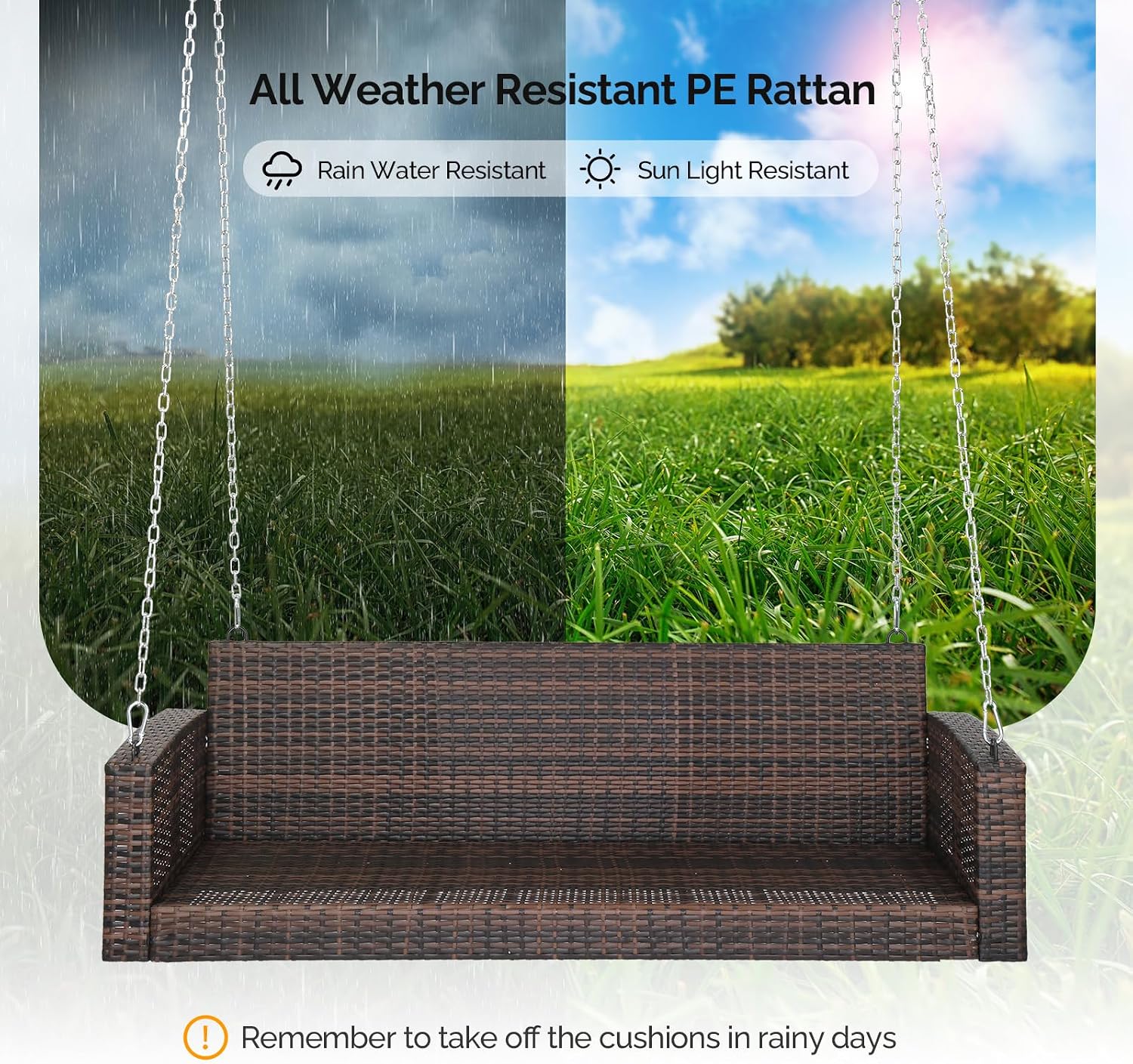 VINGLI Heavy Duty 800 LBS Wicker Hanging Porch Swing with Cushions & Chains, 5FT Outdoor Rattan Swing Bench for Garden, Yard, Lawn (Brown)