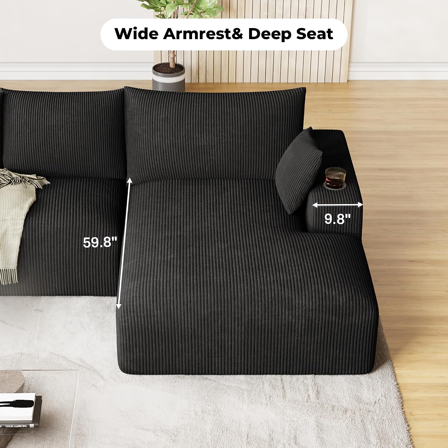 Oversized L Shaped Boneless Couch with Wide Right-Facing Chaise, 113' Fluffy Cloud Sectional Couches for Living Room, Plush Corduroy Memory Foam Modular Sectional Sofa with Cup Holder, Black
