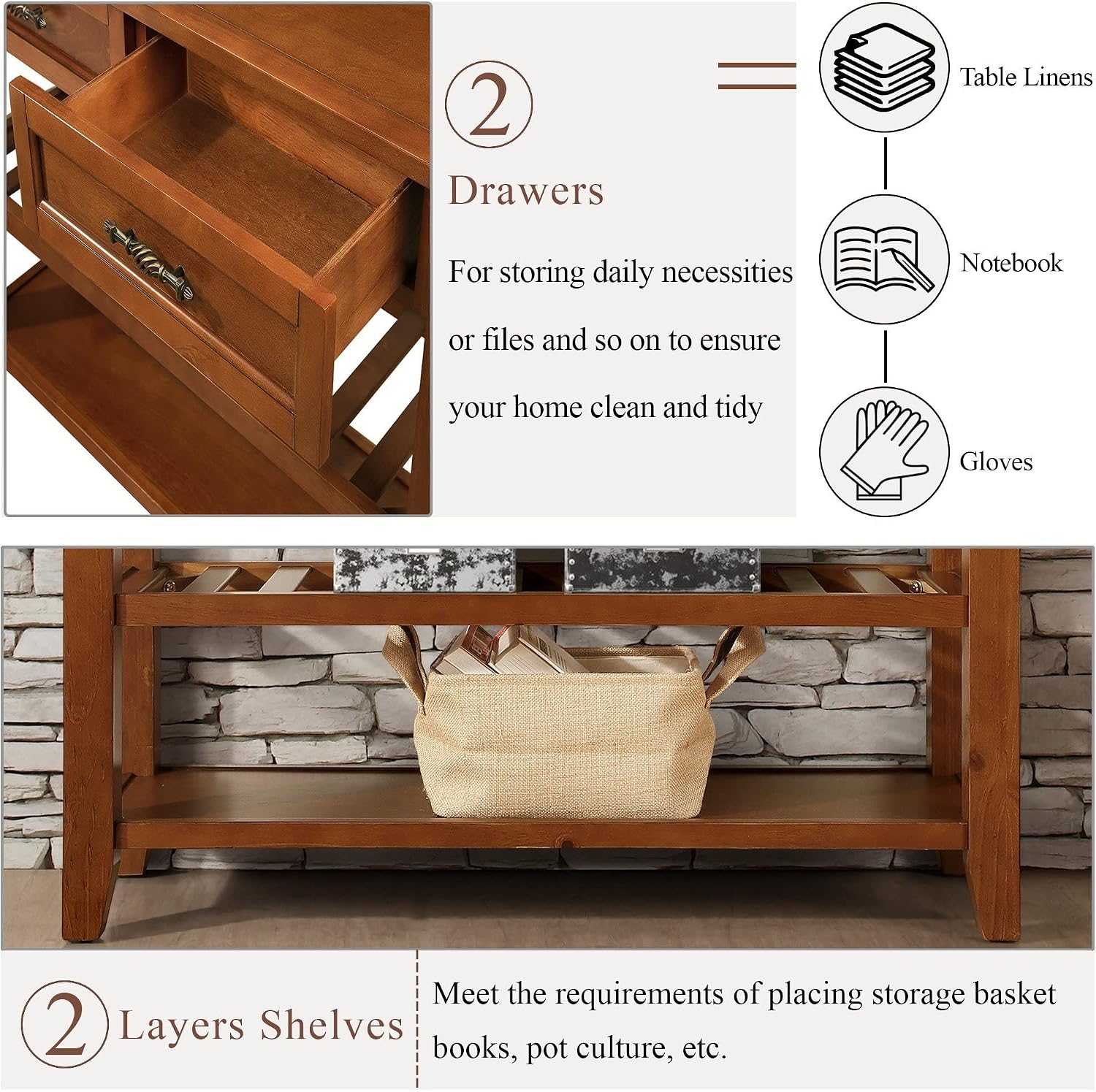 LKTART Solid Wood Console Table Entryway Table with Storage Drawers and Shelves Sofa Tables,Entryway Table for Living Room,Behind the Couch Table (42' Brown)